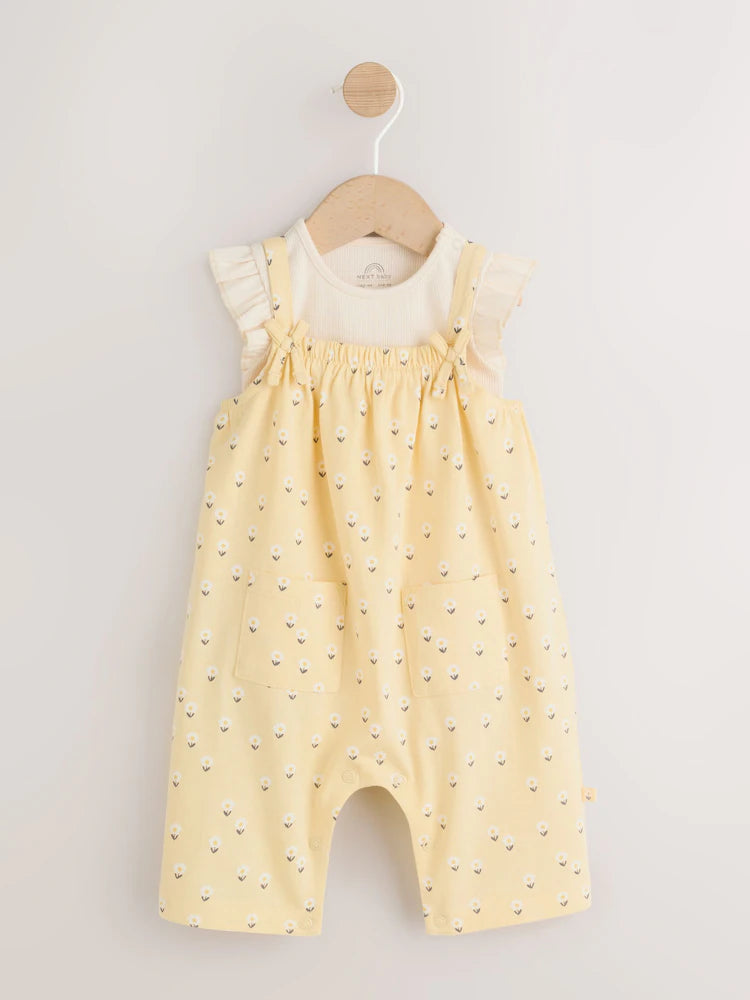 |BabyGirl| Conjunto De Jardineira e Body Amarelo Com Estampa Floral Miúda Para Bebês (2 peças, de 0 meses a 3 anos)