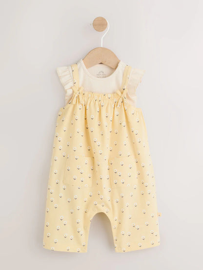 |BabyGirl| Conjunto De Jardineira e Body Amarelo Com Estampa Floral Miúda Para Bebês (2 peças, de 0 meses a 3 anos)