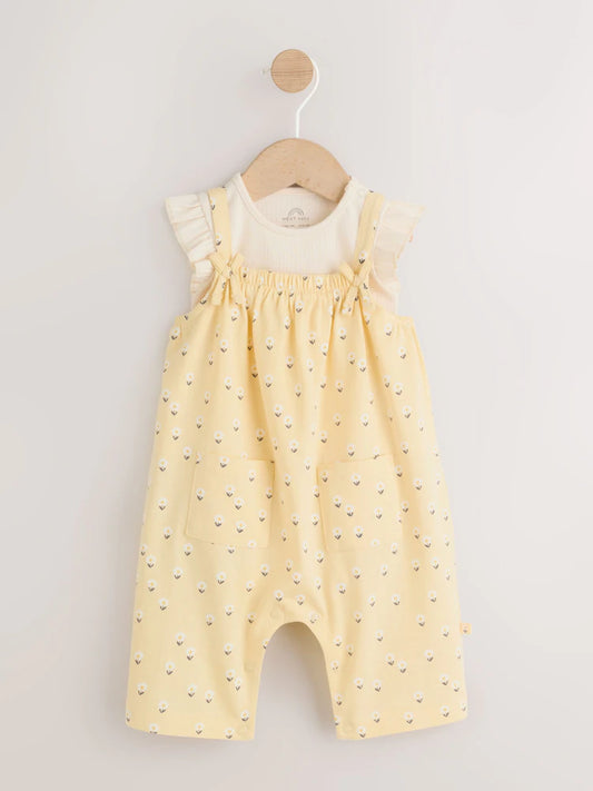 |BabyGirl| Conjunto De Jardineira e Body Amarelo Com Estampa Floral Miúda Para Bebês (2 peças, de 0 meses a 3 anos)