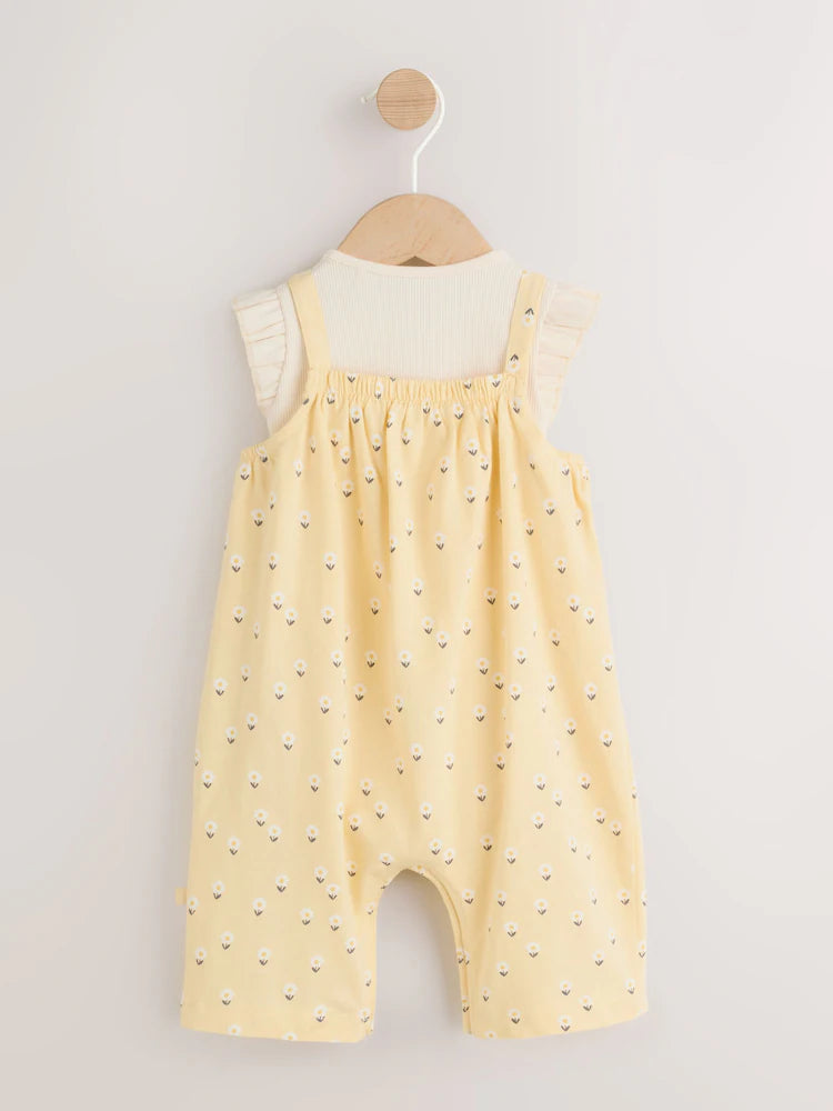 |BabyGirl| Conjunto De Jardineira e Body Amarelo Com Estampa Floral Miúda Para Bebês (2 peças, de 0 meses a 3 anos)