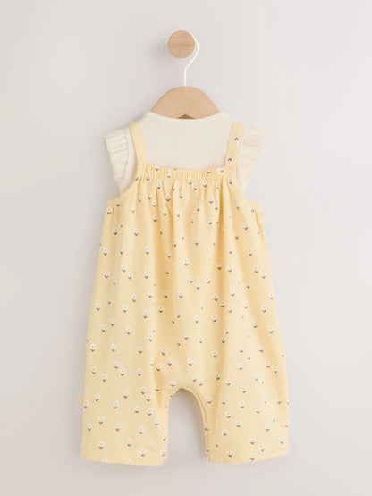 |BabyGirl| Conjunto De Jardineira e Body Amarelo Com Estampa Floral Miúda Para Bebês (2 peças, de 0 meses a 3 anos)