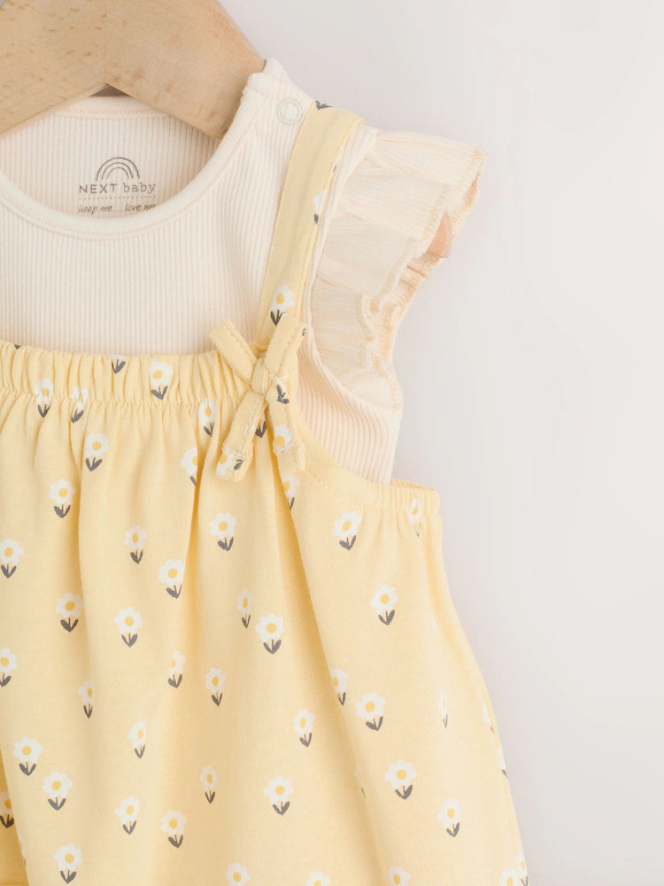 |BabyGirl| Conjunto De Jardineira e Body Amarelo Com Estampa Floral Miúda Para Bebês (2 peças, de 0 meses a 3 anos)