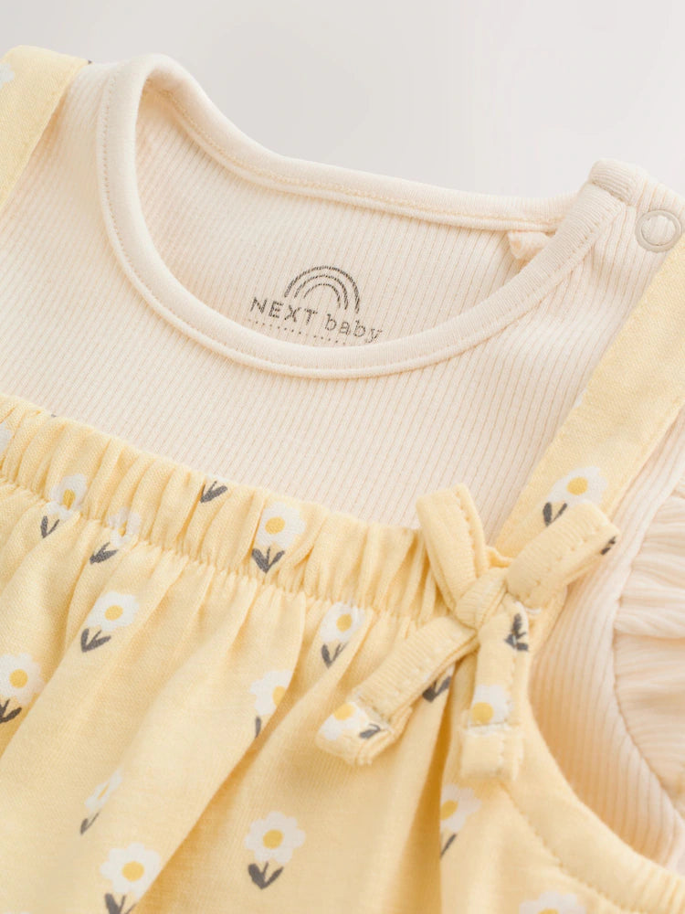 |BabyGirl| Conjunto De Jardineira e Body Amarelo Com Estampa Floral Miúda Para Bebês (2 peças, de 0 meses a 3 anos)