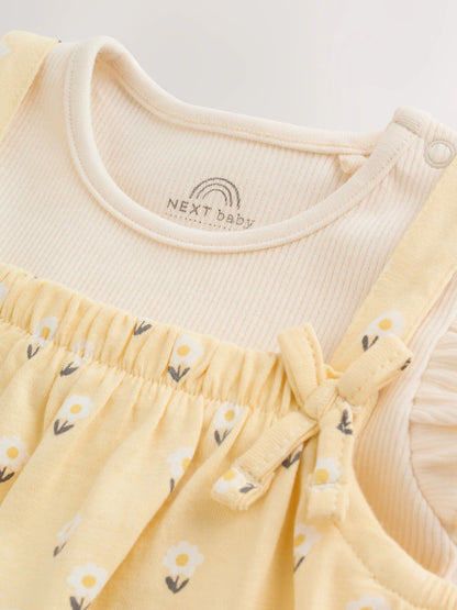 |BabyGirl| Conjunto De Jardineira e Body Amarelo Com Estampa Floral Miúda Para Bebês (2 peças, de 0 meses a 3 anos)