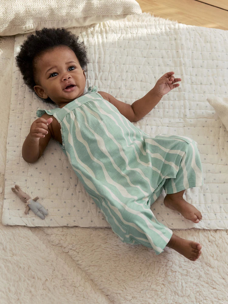 |BabyGirl| Macacão Infantil De Malha Comprida Com Listras Verde-Sálvia (0 meses a 3 anos)