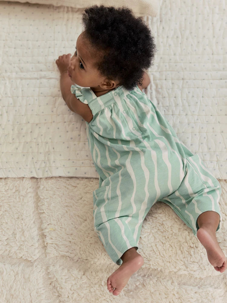 |BabyGirl| Macacão Infantil De Malha Comprida Com Listras Verde-Sálvia (0 meses a 3 anos)