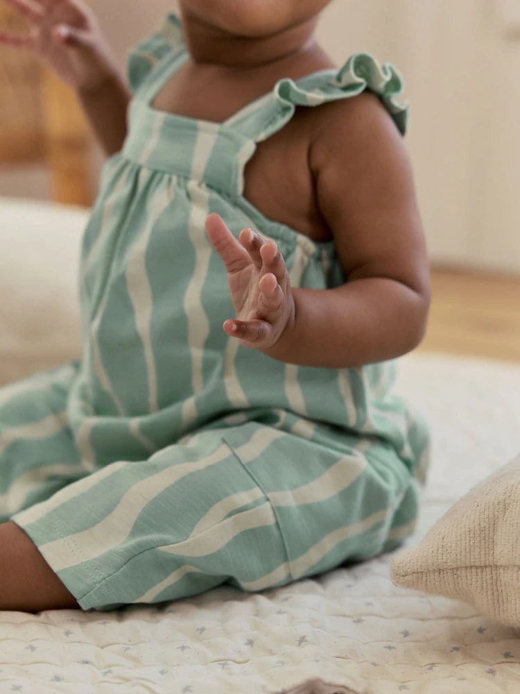 |BabyGirl| Macacão Infantil De Malha Comprida Com Listras Verde-Sálvia (0 meses a 3 anos)