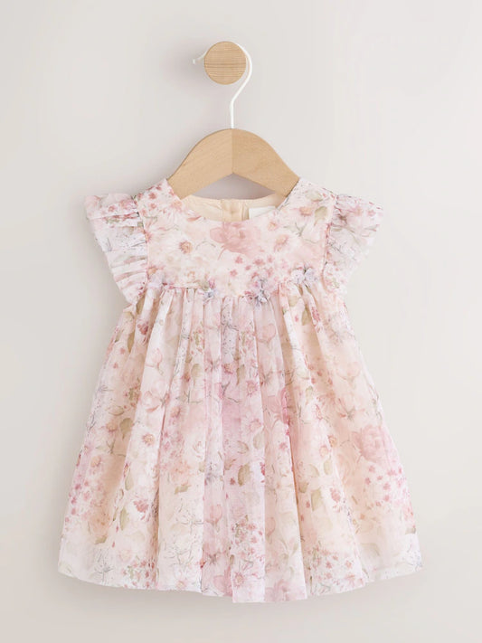 |BabyGirl| Vestido De Bebê Rosa Floral Em Tule (0 meses a 2 anos)