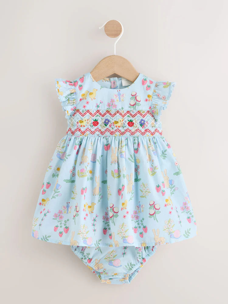 |BabyGirl| Conjunto De Vestido e Calcinha Azul Em Tecido Para Bebê (2 peças, de 0 meses a 2 anos)