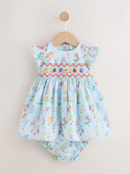 |BabyGirl| Conjunto De Vestido e Calcinha Azul Em Tecido Para Bebê (2 peças, de 0 meses a 2 anos)