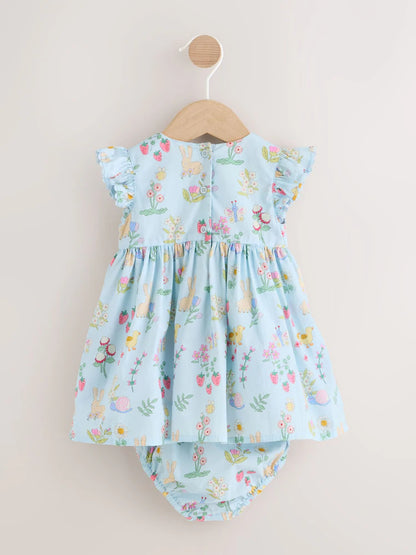 |BabyGirl| Conjunto De Vestido e Calcinha Azul Em Tecido Para Bebê (2 peças, de 0 meses a 2 anos)