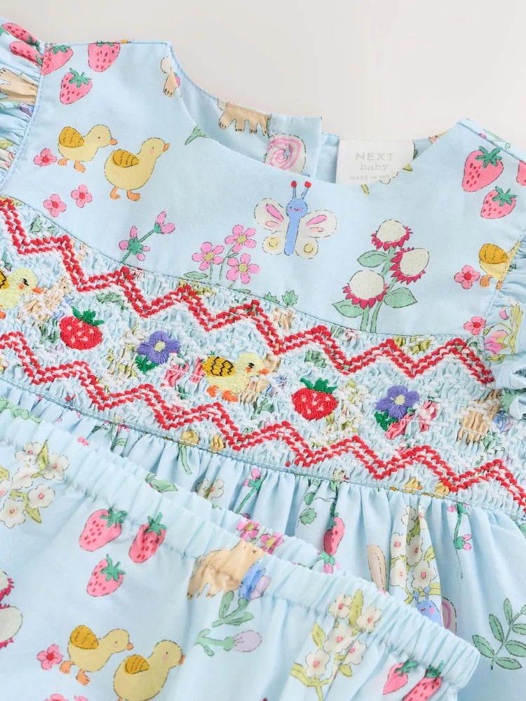 |BabyGirl| Conjunto De Vestido e Calcinha Azul Em Tecido Para Bebê (2 peças, de 0 meses a 2 anos)