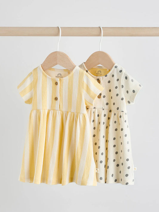 |BabyGirl| Vestido De Manga Curta Para Bebê, Amarelo/Creme Com Bolinhas/Listras, Pacote Com 2 unidades (0 meses a 3 anos)