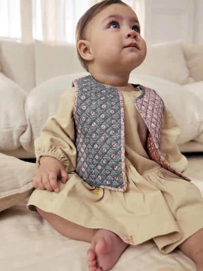 |BabyGirl| Conjunto De Vestido e Colete Floral Creme Para Bebê (2 peças, 0 meses a 2 anos)