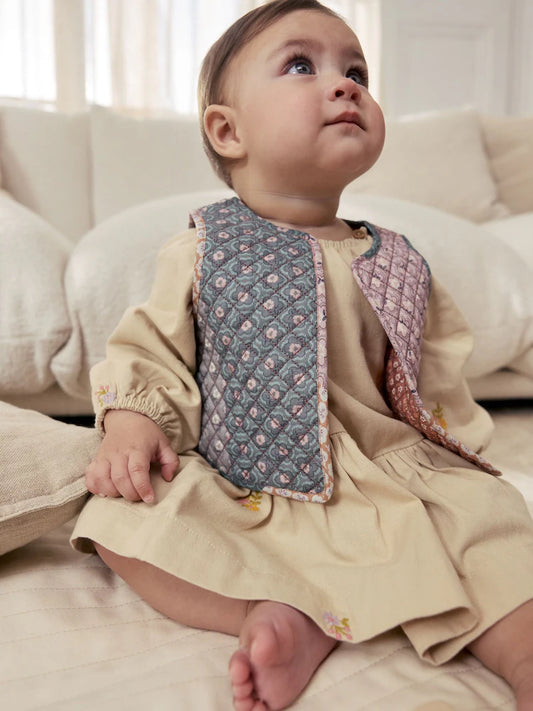 |BabyGirl| Conjunto De Vestido e Colete Floral Creme Para Bebê (2 peças, 0 meses a 2 anos)