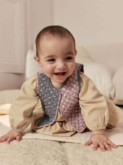 |BabyGirl| Conjunto De Vestido e Colete Floral Creme Para Bebê (2 peças, 0 meses a 2 anos)