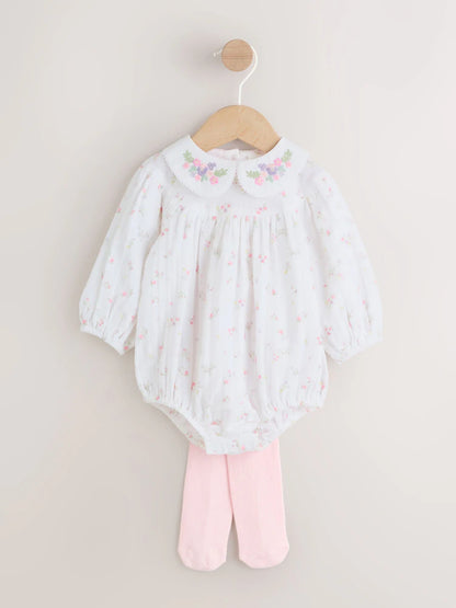 |BabyGirl| Conjunto De Body e Meia-Calça Para Bebê Com Estampa Floral Miúda Branca e Rosa (0 meses a 3 anos)