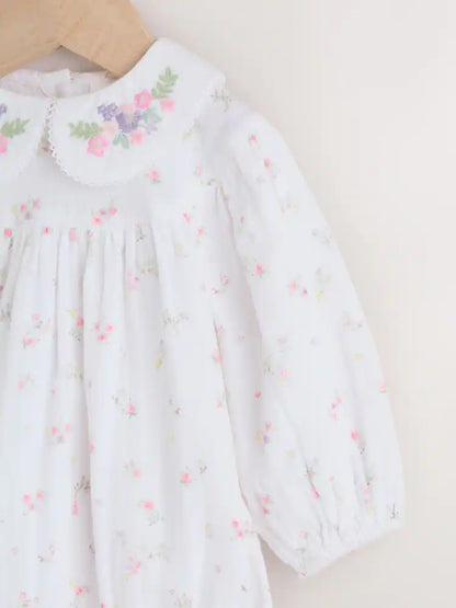 |BabyGirl| Conjunto De Body e Meia-Calça Para Bebê Com Estampa Floral Miúda Branca e Rosa (0 meses a 3 anos)