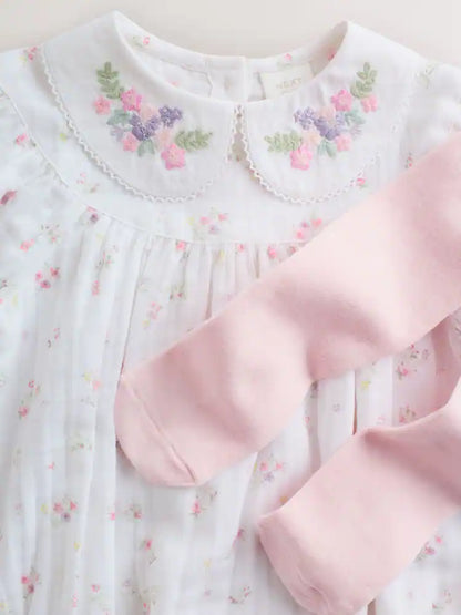 |BabyGirl| Conjunto De Body e Meia-Calça Para Bebê Com Estampa Floral Miúda Branca e Rosa (0 meses a 3 anos)