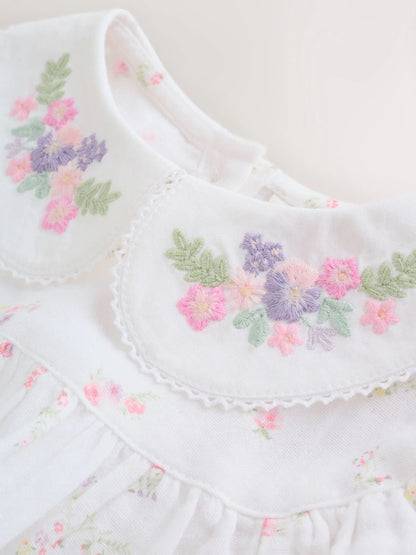 |BabyGirl| Conjunto De Body e Meia-Calça Para Bebê Com Estampa Floral Miúda Branca e Rosa (0 meses a 3 anos)