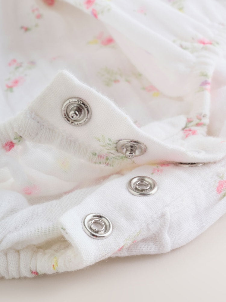 |BabyGirl| Conjunto De Body e Meia-Calça Para Bebê Com Estampa Floral Miúda Branca e Rosa (0 meses a 3 anos)