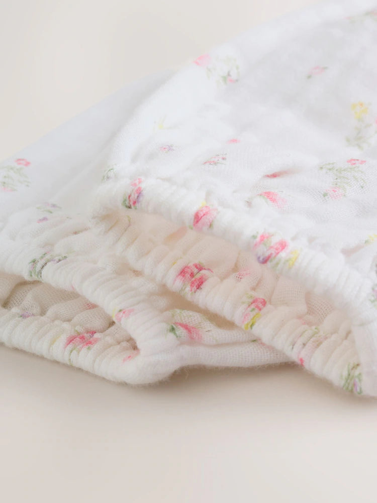 |BabyGirl| Conjunto De Body e Meia-Calça Para Bebê Com Estampa Floral Miúda Branca e Rosa (0 meses a 3 anos)