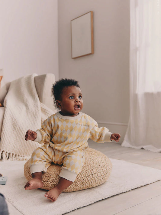 |BabyBoy| Macacão De Moletom Amarelo Com Estampa De Arlequim Para Bebês (0 meses a 3 anos)