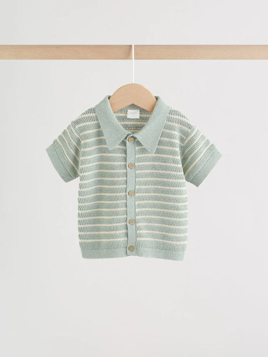 |BabyBoy| Conjunto De Bebê Com Blusa e Shorts De Tricô Listrados Em Verde Sálvia (0 meses a 2 anos)