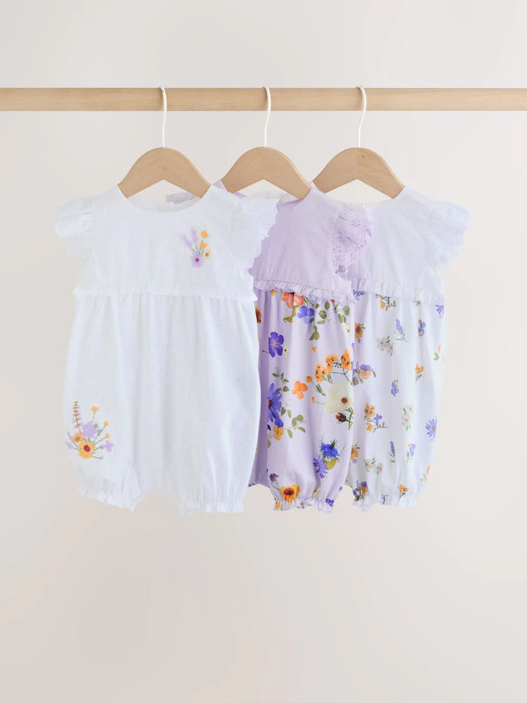 |BabyGirl| Conjunto De 3 Macacões De Bebê Com Bordado Floral Roxo e Branco