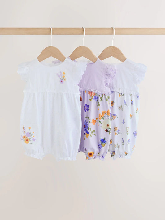 |BabyGirl| Conjunto De 3 Macacões De Bebê Com Bordado Floral Roxo e Branco