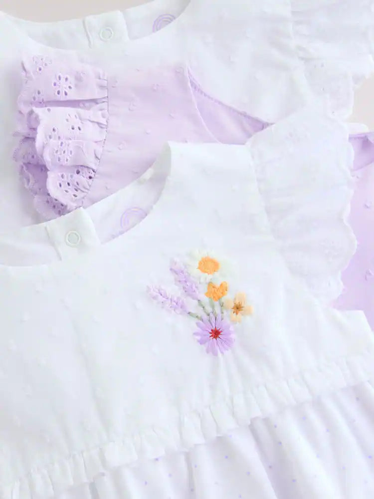 |BabyGirl| Conjunto De 3 Macacões De Bebê Com Bordado Floral Roxo e Branco