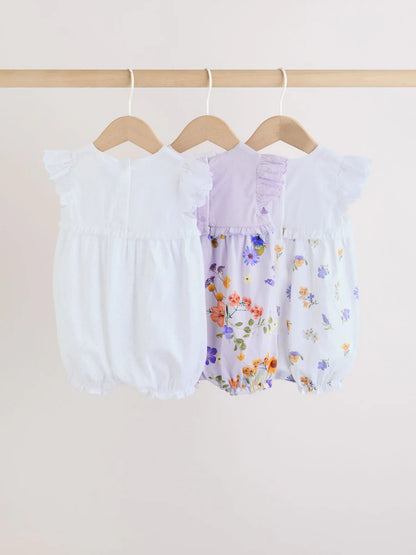 |BabyGirl| Conjunto De 3 Macacões De Bebê Com Bordado Floral Roxo e Branco