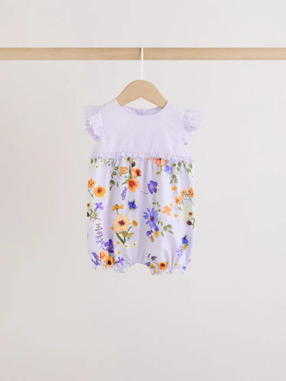 |BabyGirl| Conjunto De 3 Macacões De Bebê Com Bordado Floral Roxo e Branco