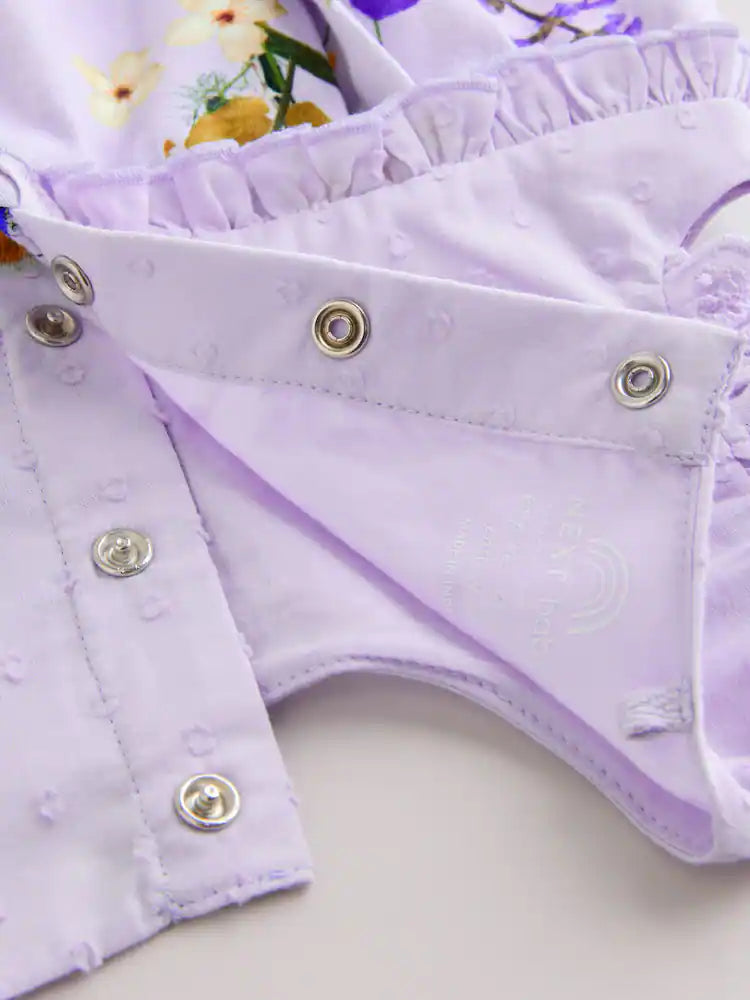 |BabyGirl| Conjunto De 3 Macacões De Bebê Com Bordado Floral Roxo e Branco