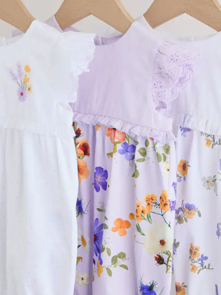 |BabyGirl| Conjunto De 3 Macacões De Bebê Com Bordado Floral Roxo e Branco