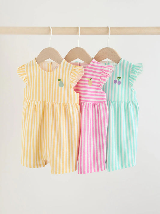 |BabyGirl| Conjunto Com 3 Macacões Listrados Multicores
