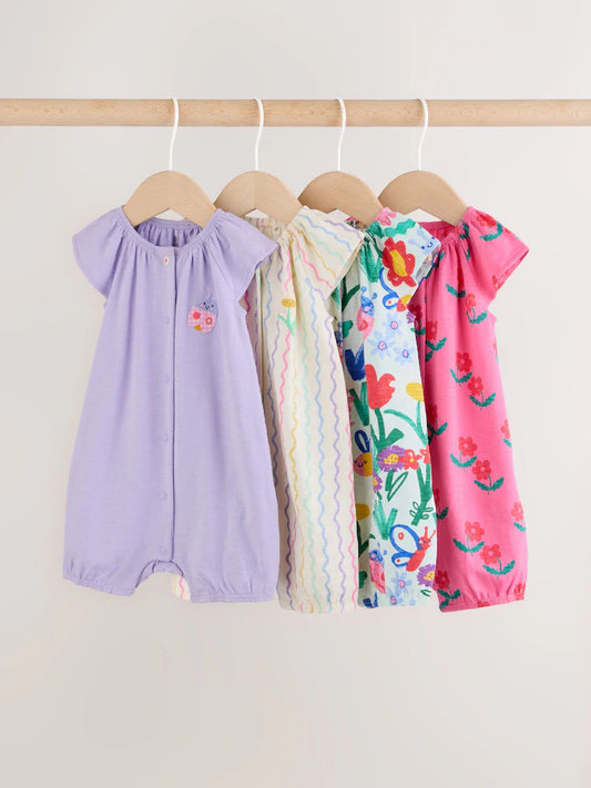 |BabyGirl| Conjunto Com 4 Macacões De Bebê Em Malha Floral Multicolorida