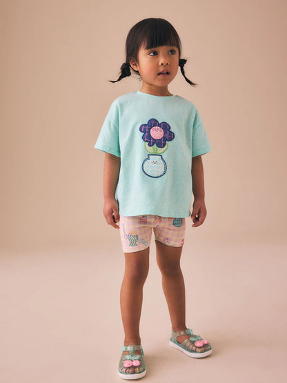 |Girl| Conjunto De Camiseta De Manga Curta e Shorts De Ciclismo Com Estampa Floral Azul (3 meses a 7 anos)