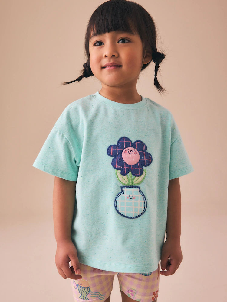 |Girl| Conjunto De Camiseta De Manga Curta e Shorts De Ciclismo Com Estampa Floral Azul (3 meses a 7 anos)