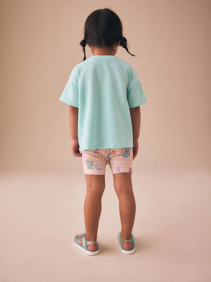 |Girl| Conjunto De Camiseta De Manga Curta e Shorts De Ciclismo Com Estampa Floral Azul (3 meses a 7 anos)