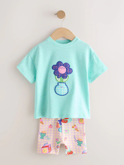 |Girl| Conjunto De Camiseta De Manga Curta e Shorts De Ciclismo Com Estampa Floral Azul (3 meses a 7 anos)