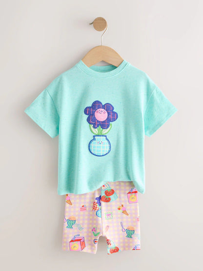 |Girl| Conjunto De Camiseta De Manga Curta e Shorts De Ciclismo Com Estampa Floral Azul (3 meses a 7 anos)