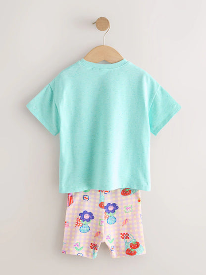 |Girl| Conjunto De Camiseta De Manga Curta e Shorts De Ciclismo Com Estampa Floral Azul (3 meses a 7 anos)