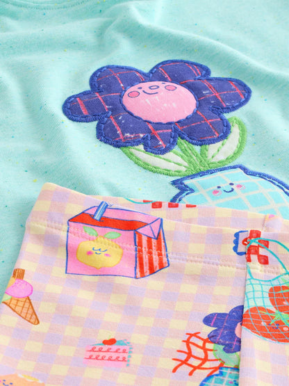 |Girl| Conjunto De Camiseta De Manga Curta e Shorts De Ciclismo Com Estampa Floral Azul (3 meses a 7 anos)