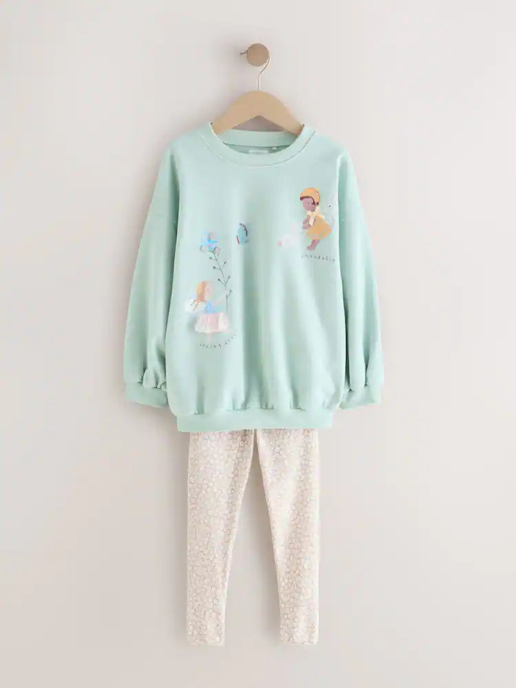 |Girl| Conjunto De Moletom e Leggings Azul Claro Com Estampa De Fada (3 meses a 7 anos)