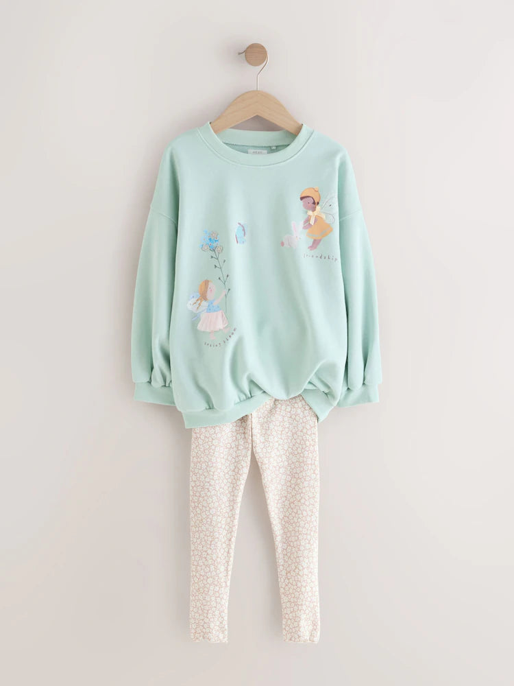 |Girl| Conjunto De Moletom e Leggings Azul Claro Com Estampa De Fada (3 meses a 7 anos)