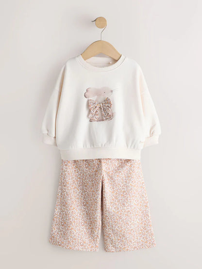 |Girl| Conjunto Cream Bunny Hey Hi com Blusa De Moletom e Calça Pantalona (3 meses a 7 anos)