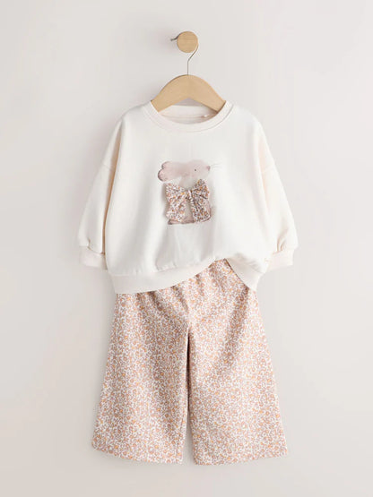 |Girl| Conjunto Cream Bunny Hey Hi com Blusa De Moletom e Calça Pantalona (3 meses a 7 anos)