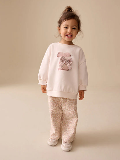 |Girl| Conjunto Cream Bunny Hey Hi com Blusa De Moletom e Calça Pantalona (3 meses a 7 anos)