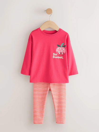 |Girl| Conjunto De Blusa De Manga Longa e Legging Rosa-Vivo (3 meses a 7 anos)
